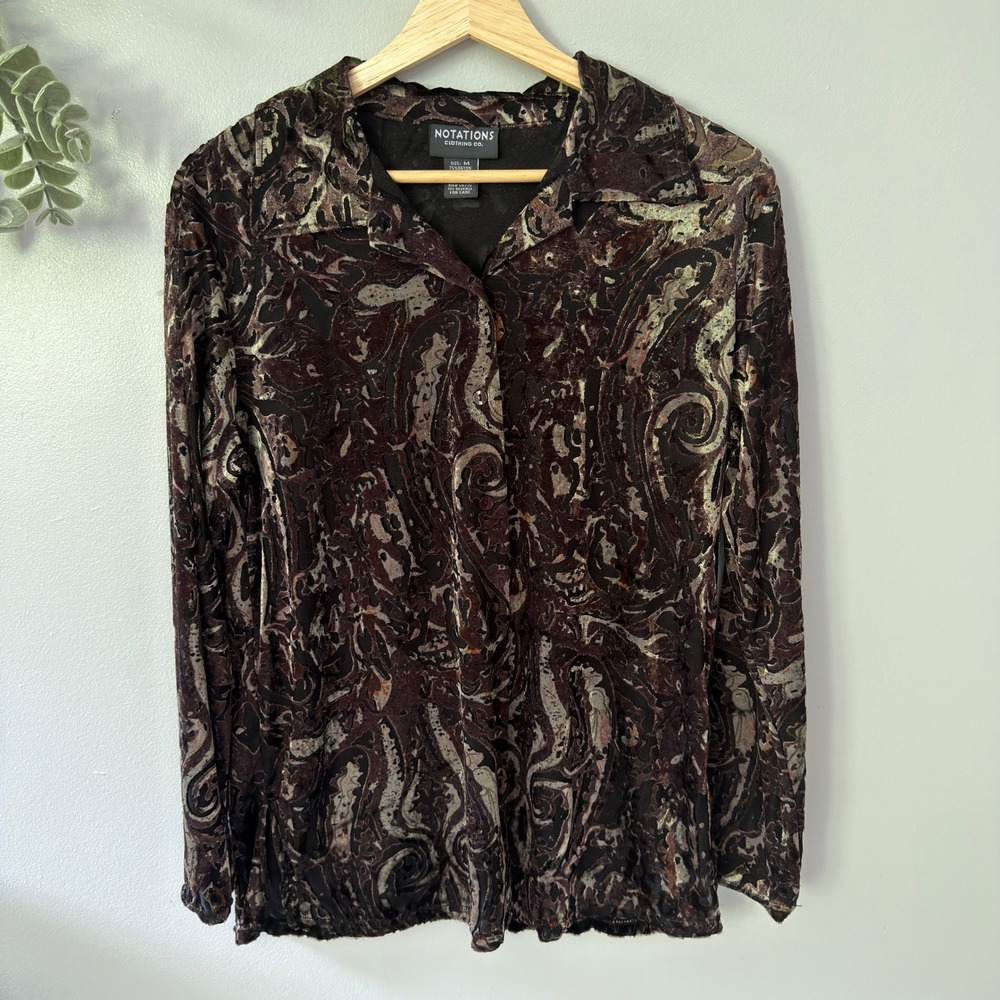 Notations Blouse Burnout Velvet Whimsigoth Paisley Button Up Brown Purple Sz M